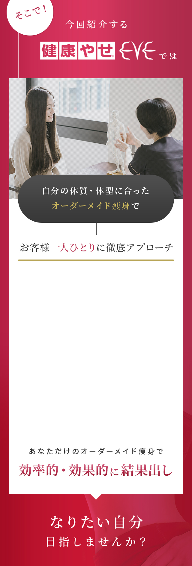 健康痩せ&reg;EVEでは自分の体質・体型に合ったオーダーメイド痩身でお客様一人ひとりに徹底アプローチ